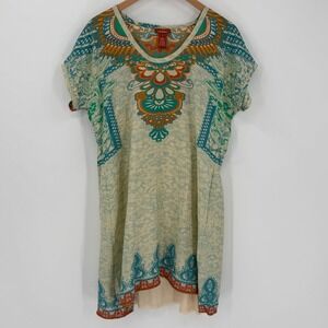 Sundance 100% Silk Boho Print Shift Dress w/ Slip Cream Multicolor Size Large‎